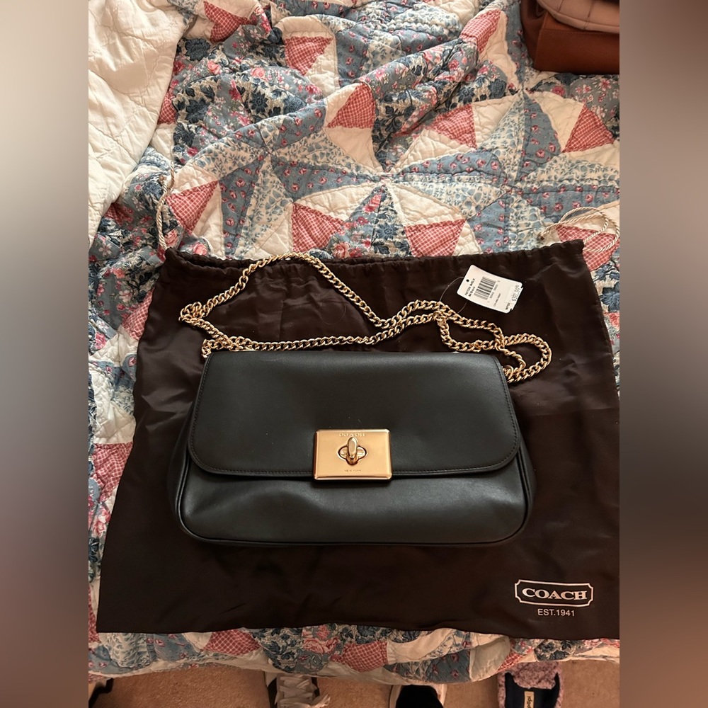 Coach Black Leather Shoulder Bag with Gold Chain